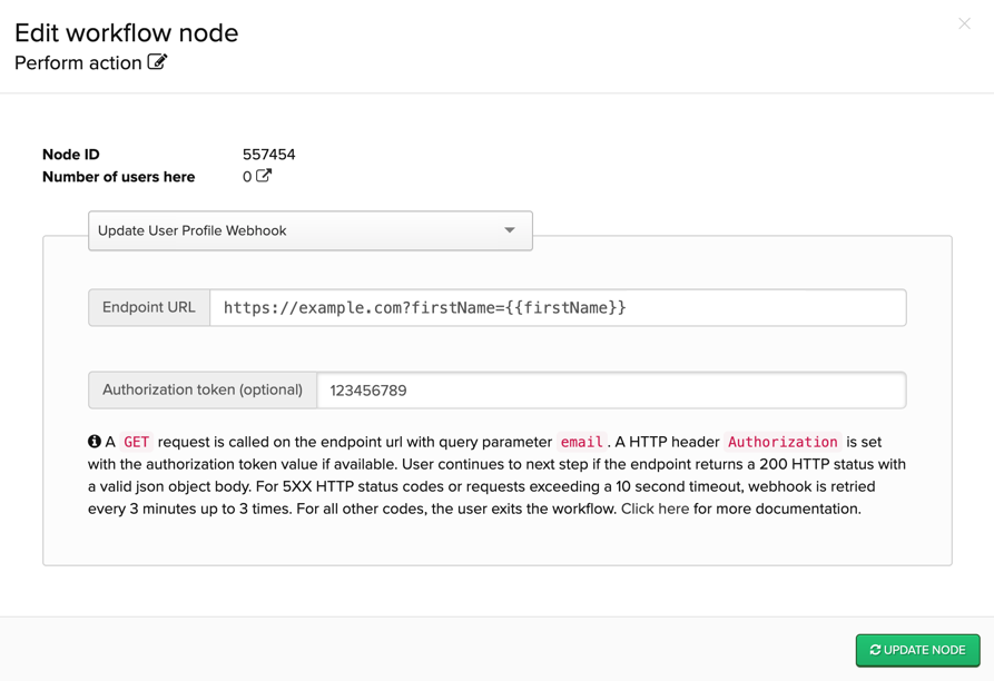Update User Profile Webhook node configuration
