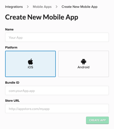 Create New Mobile App form